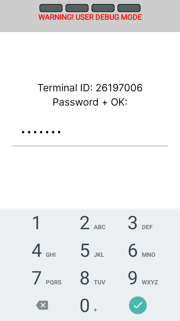 Screenshot showing terminal API debug mode terminal ID and password fields